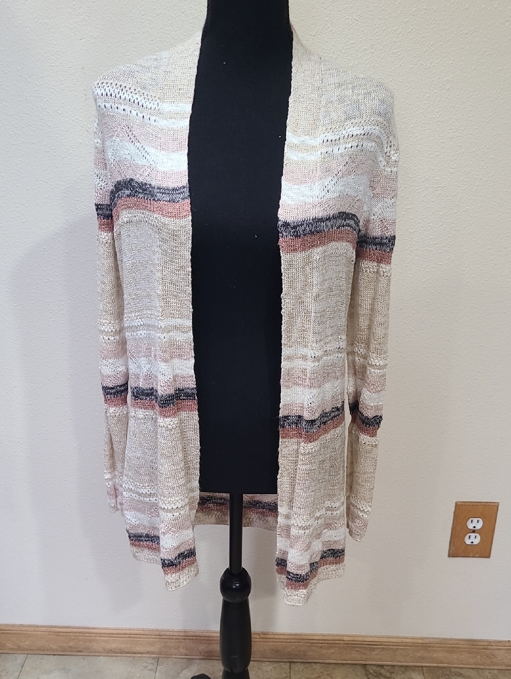 Dressbarn Beige Cardigan with Blush and Dark Stripes